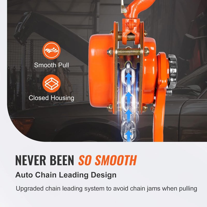 VEVOR Manual Lever Chain Hoist, 3/4 Ton 1650 lbs Capacity 5 FT Come Along, G80 Galvanized Carbon Steel with Weston Double-Pawl Brake, Auto Chain Leading & 360° Rotation Hook, for Garage Factory Dock - Image 5